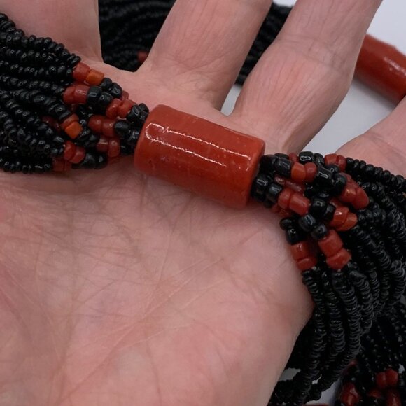 Antique Native American Black Seed Bead Coral 36" Multistrand Necklace J772 - Picture 4 of 7